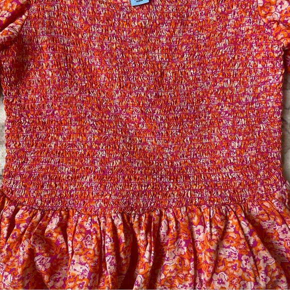 Cece Vibrant Orange Pink Floral Blouse Smocked Peplum Puff Sleeve Small - Picture 3 of 10